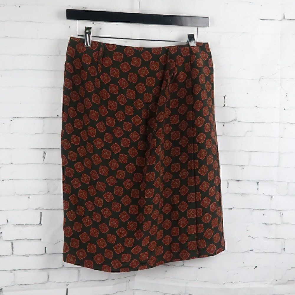 EVAN PICONE PETITES OLIVE GREEN WITH ORNATE PRINT MOCK WRAP SILK SKIRT